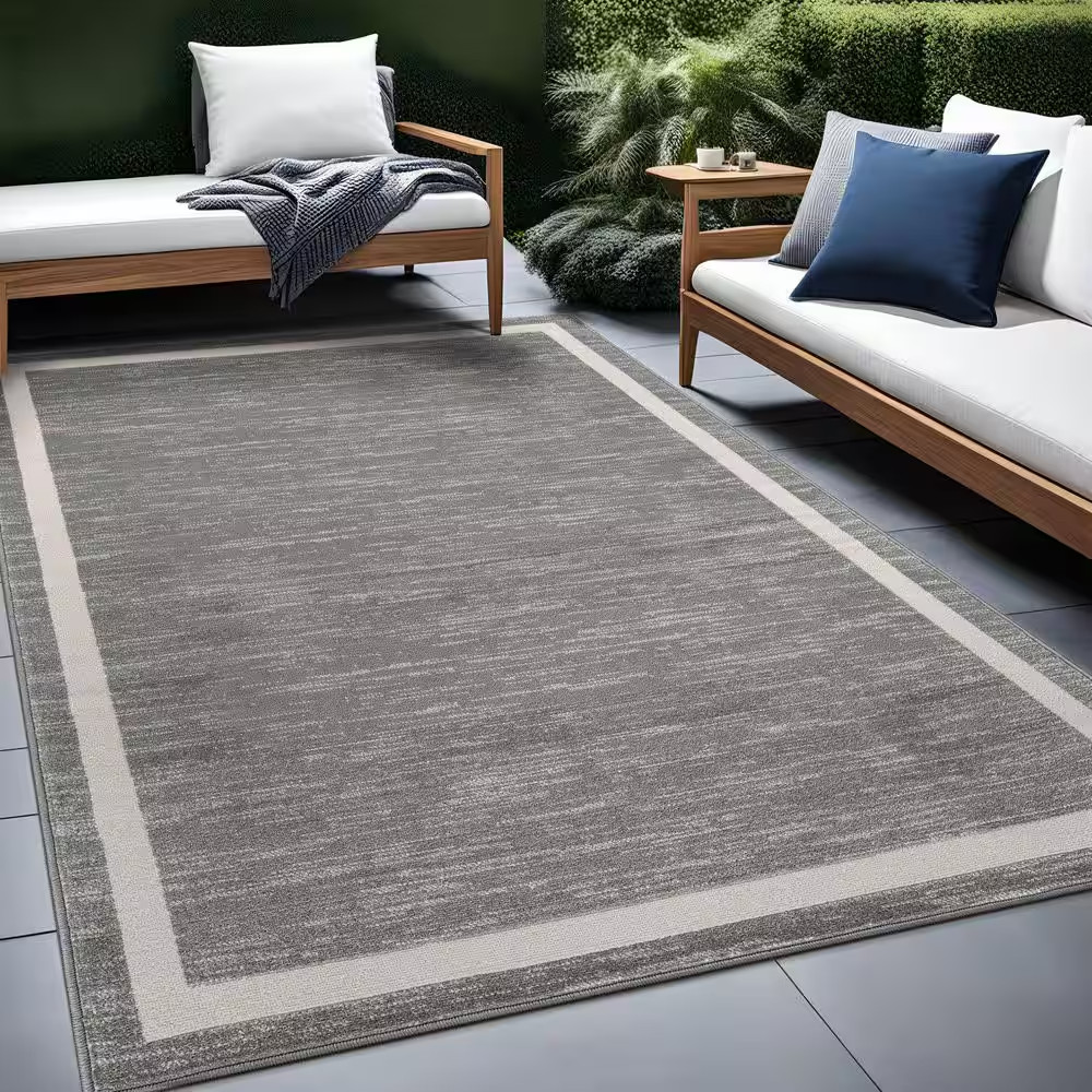Aura Gray 8 Ft. X 10 Ft. Rubber Back Washable Modern Bordered Indoor Outdoor Are
