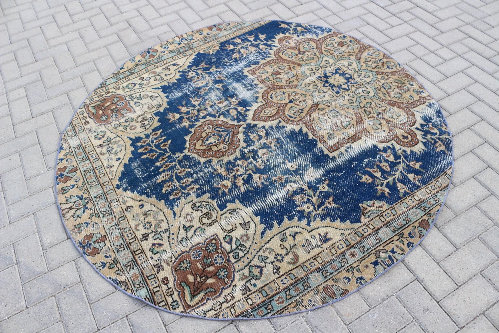 Vintage Rug, 5,9×5,9 ft Turkish Rug, Blue Southwestern Wool Rug