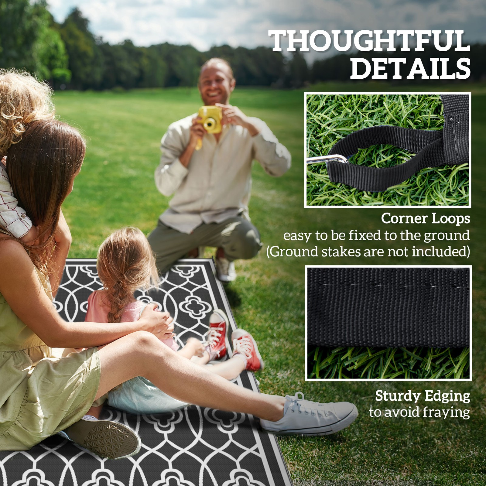 Outsunny Outdoor Rug, 9′ x 18′ Floor Mat, Black White Lantern
