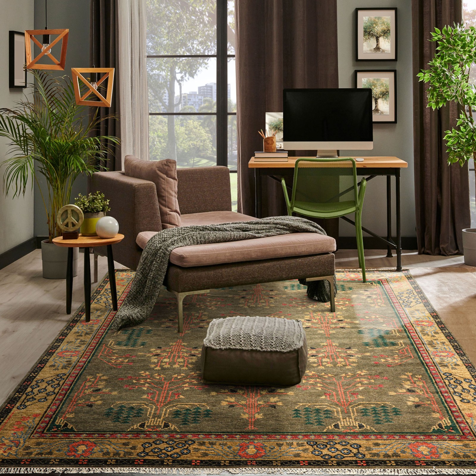 LoomBloom Multi Size Green Hand Knotted Arts & Crafts Donegal Wool Area Rug