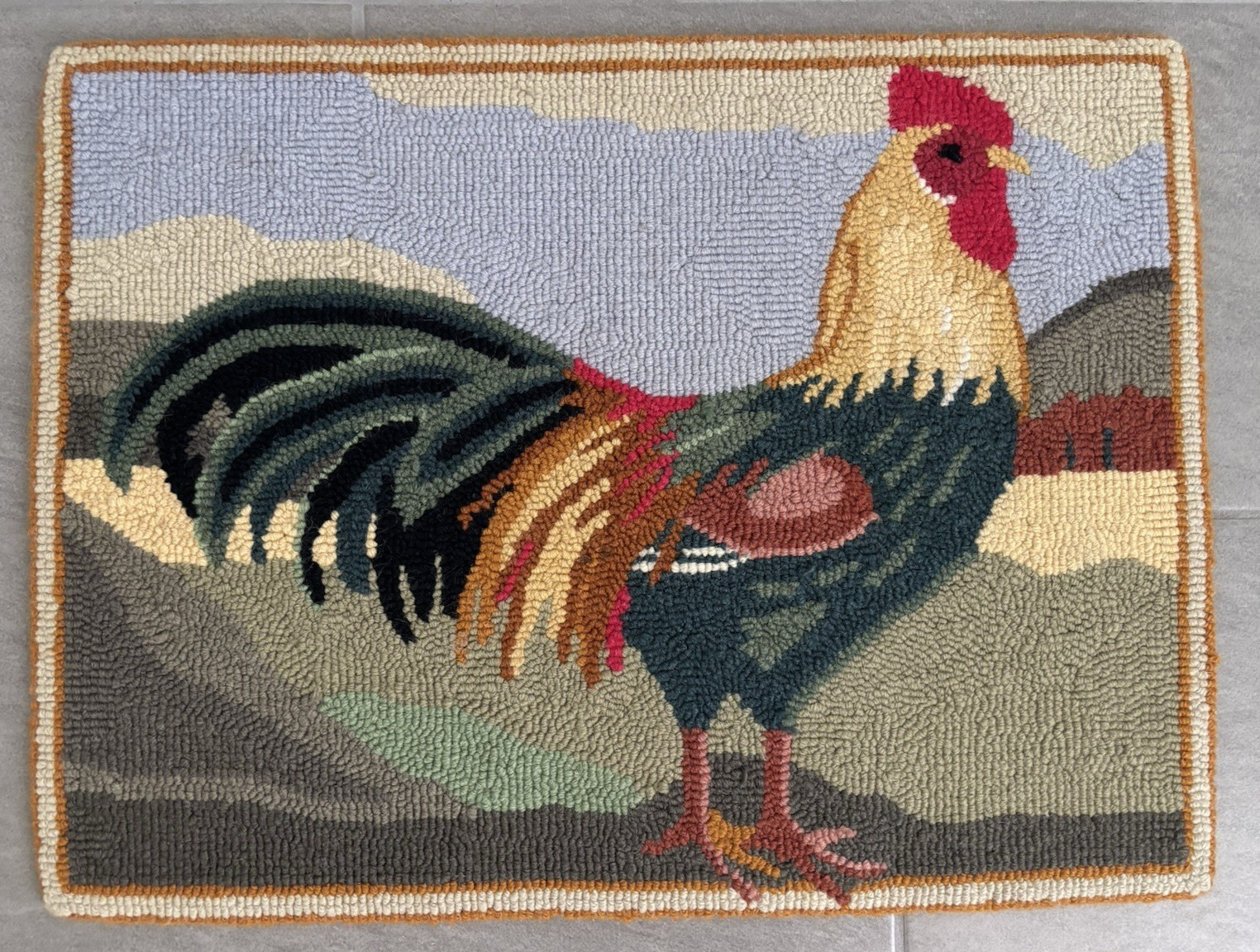 Hooked Rooster Wool Rug 26″x 19″ Colorful Primitive Countrycore -Flaws See Notes