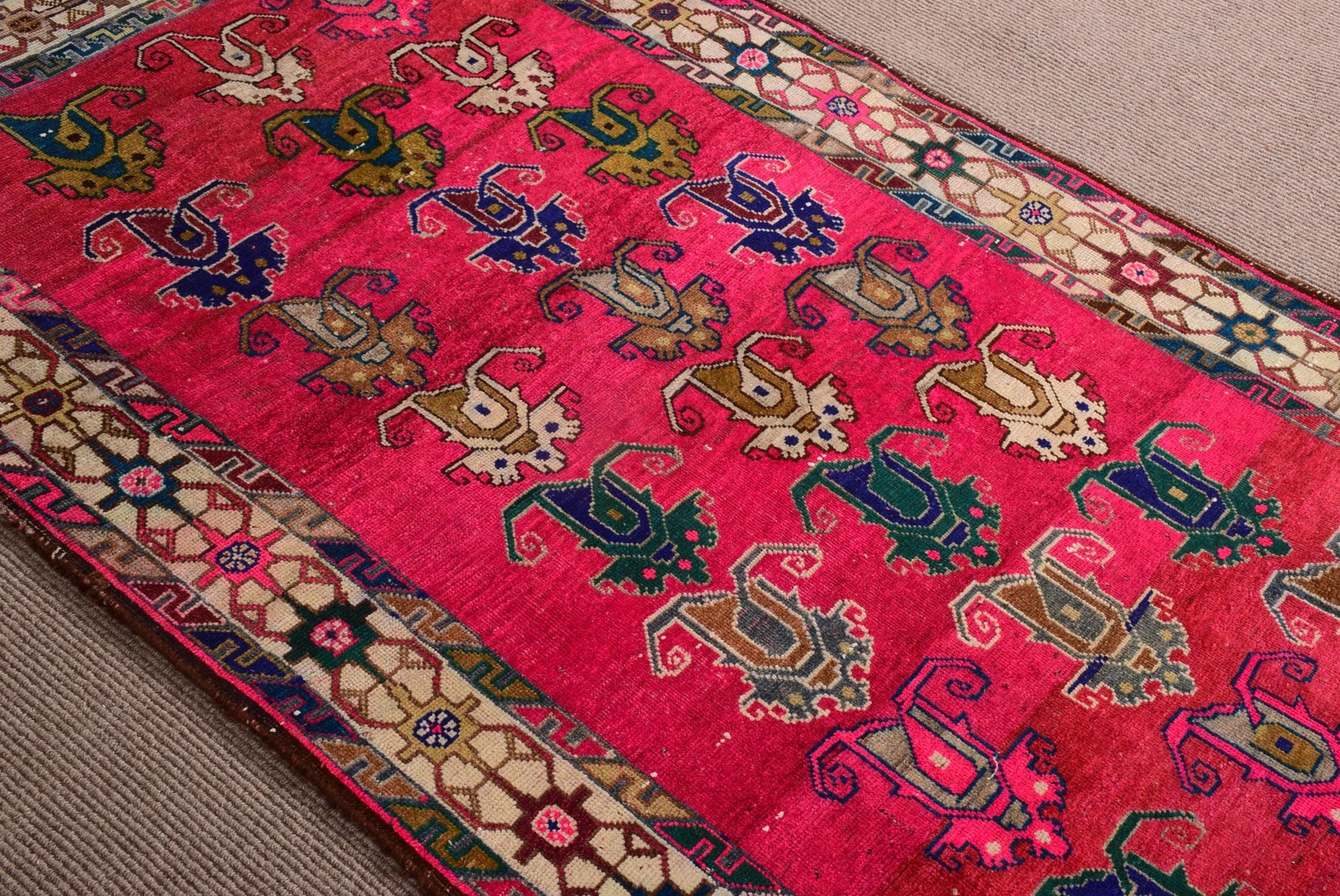 4,2×7 ft Vintage Rug, Red Striped Turkish Wool Rug