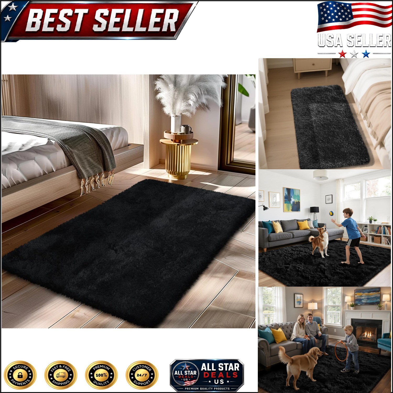 Soft Fluffy Black Shag Area Rug 2×4 – Stylish and Non-Slip for Indoor Comfort