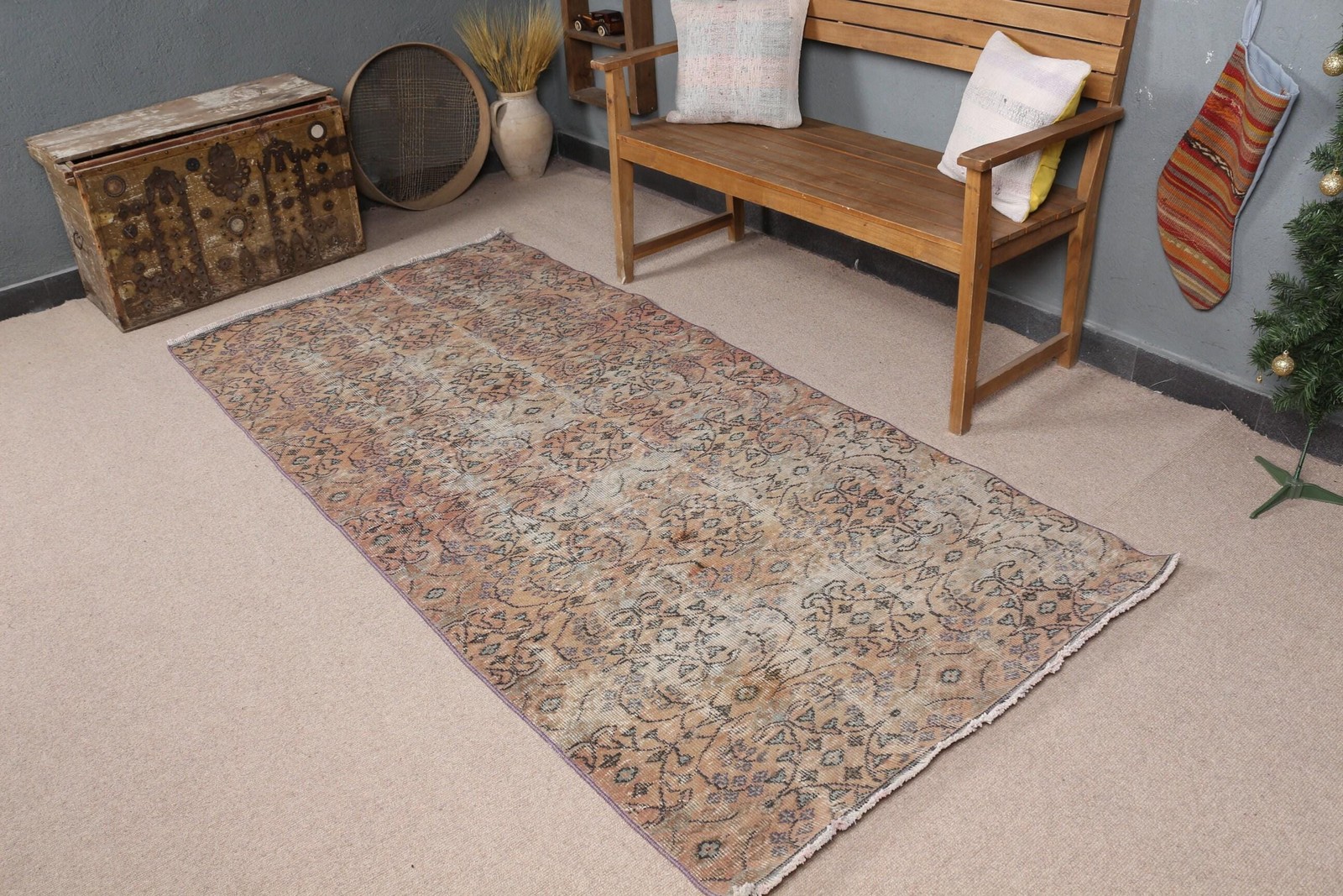 Vintage Rug, 3,7×7,8 ft Area Rug, Brown Gray Wool Rug