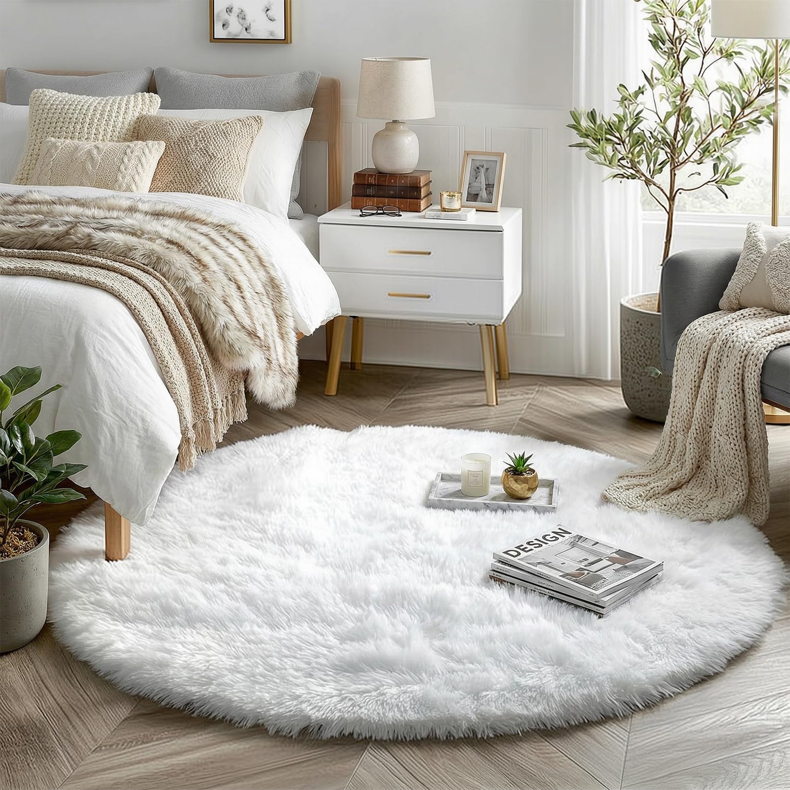 Amdrebio White Fluffy Round Rug 4Ft for Bedroom Aesthetic, Fuzzy Fur Circle A…
