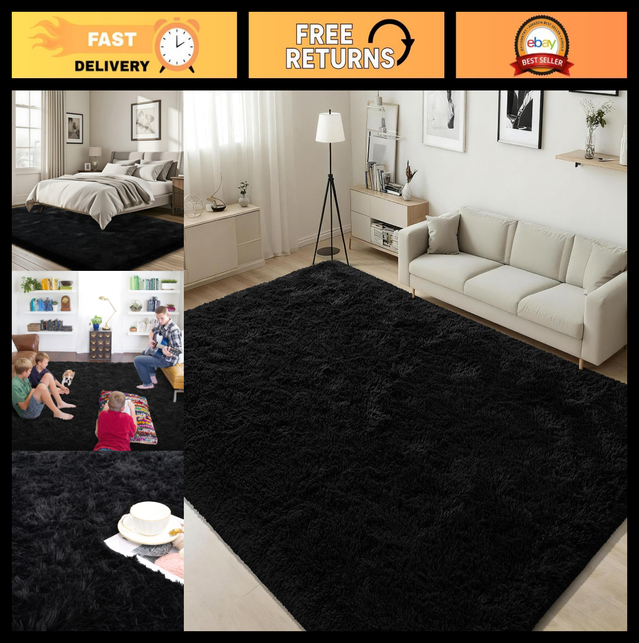 Fluffy Black Area Rug 5×8 Feet – Soft Shag Carpet for Living Room, Bedroom & Nur