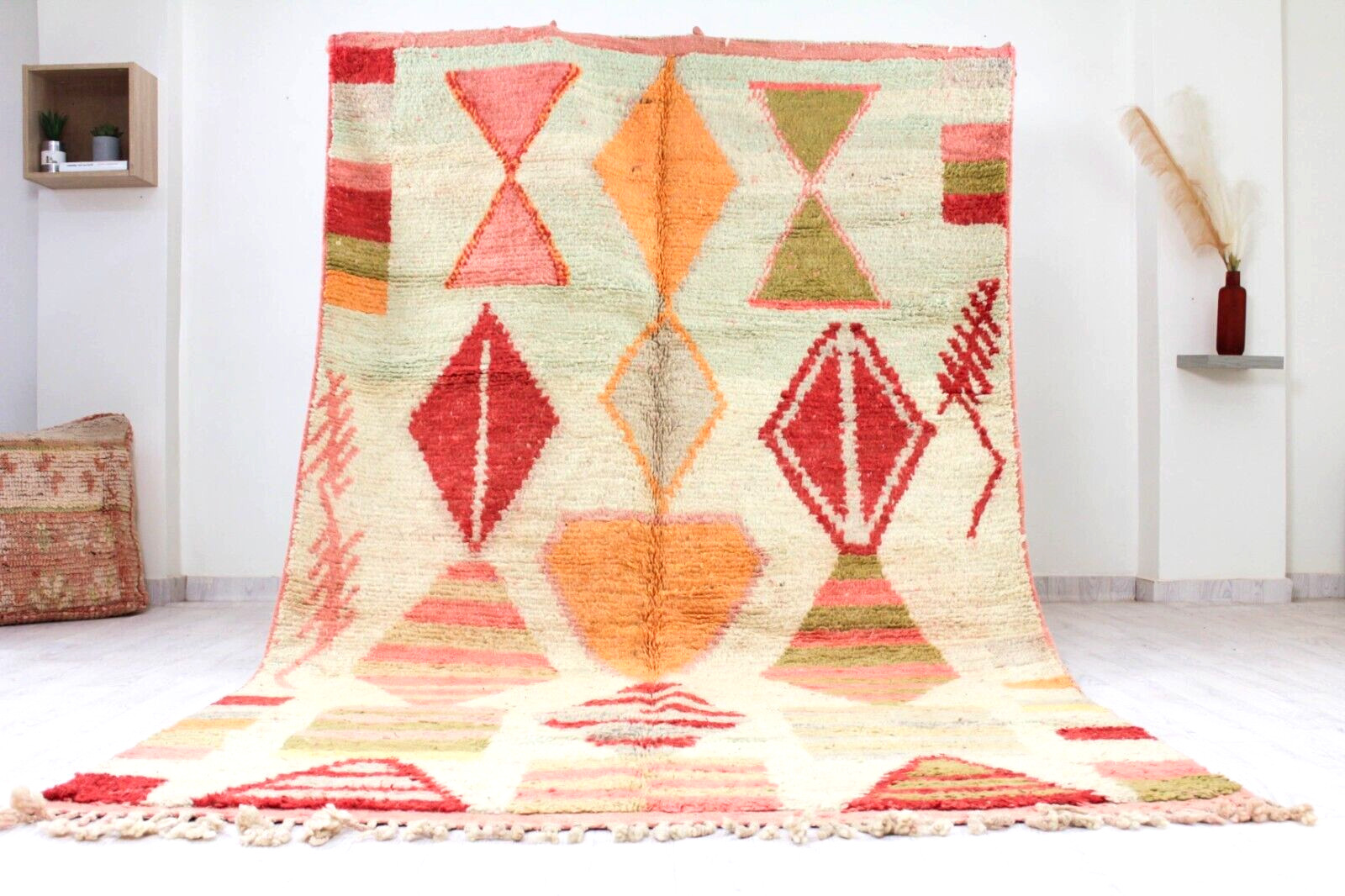 8’x5′ Feet Handmade Rug, Tribal Moroccan Rug Boujaad Red Ivory Green Wool Carpet