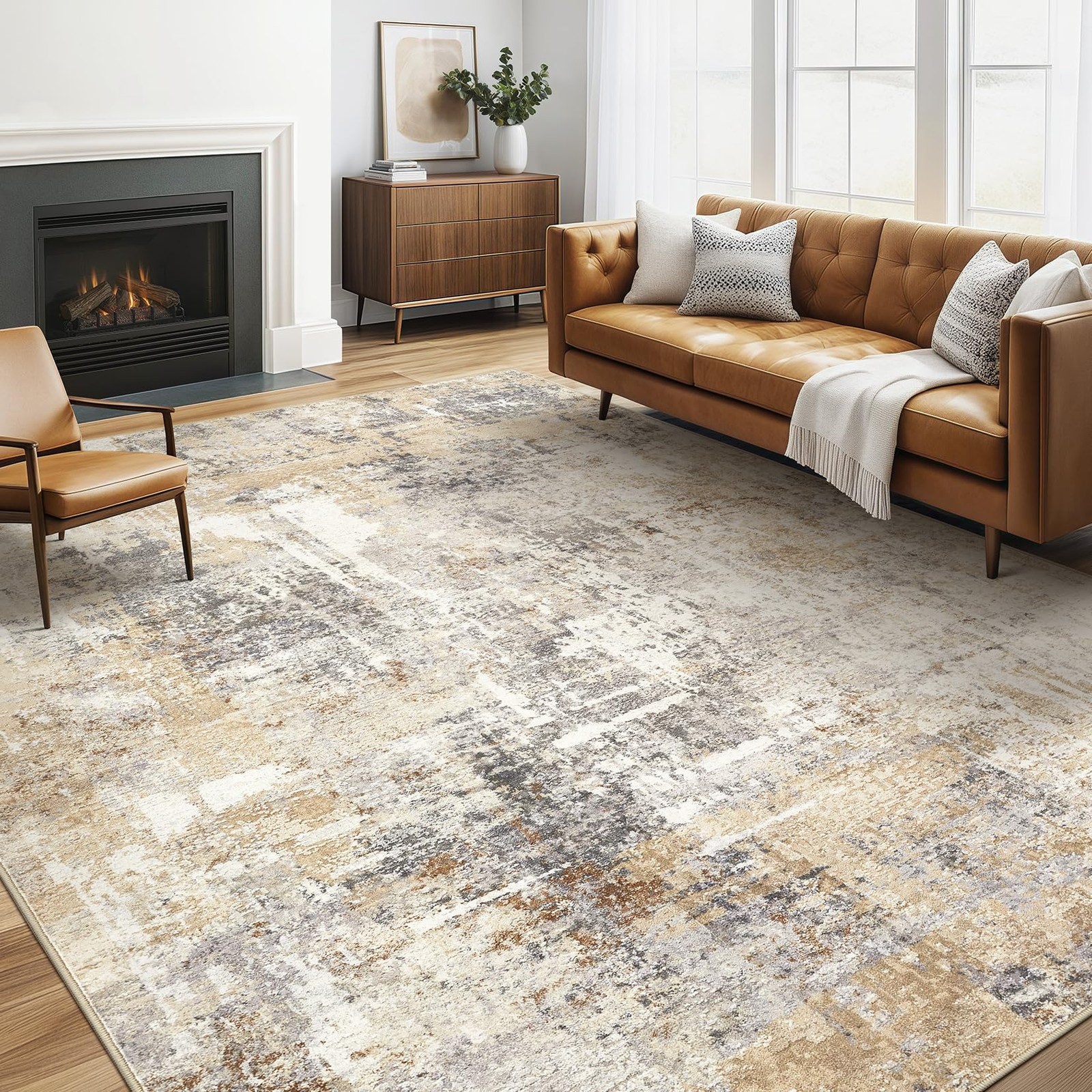 Area Rug Living Room Rugs: 5×7 5′ x 7′ (Rectangular) Abstract Gray Gold