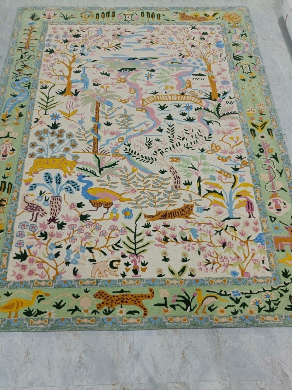 Handmade Wool Aubusson Rug – Jungle Garden Floral Carpet for Living Room Décor