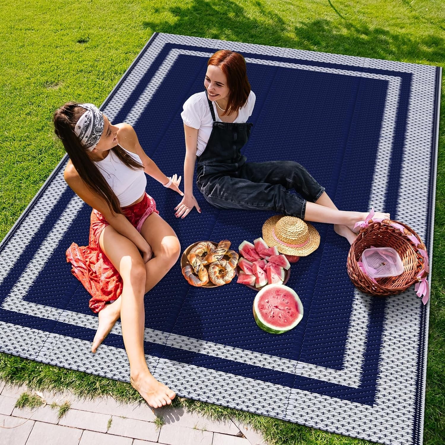 Outdoor Waterproof Reversible Patio Rug 5×8 Ft Camping RV Area Rug Blue White