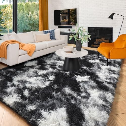 Black White Grey Area Rugs for Living Room, 6×9, Soft Fluffy Rug for Bedroom,