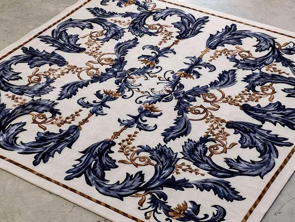 Handmade 8×10 Wool Area Rug – Classic Blue Floral Traditional Living Room Rug