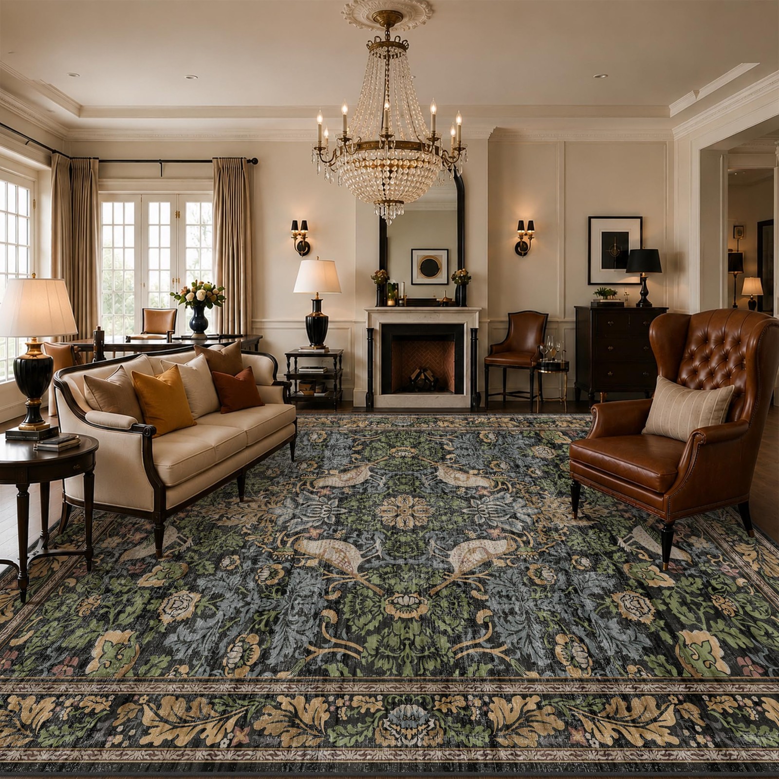Hazo Haus Dark Living Room Rug 8×10 – Large Washable Vintage Floral Area Rugs…