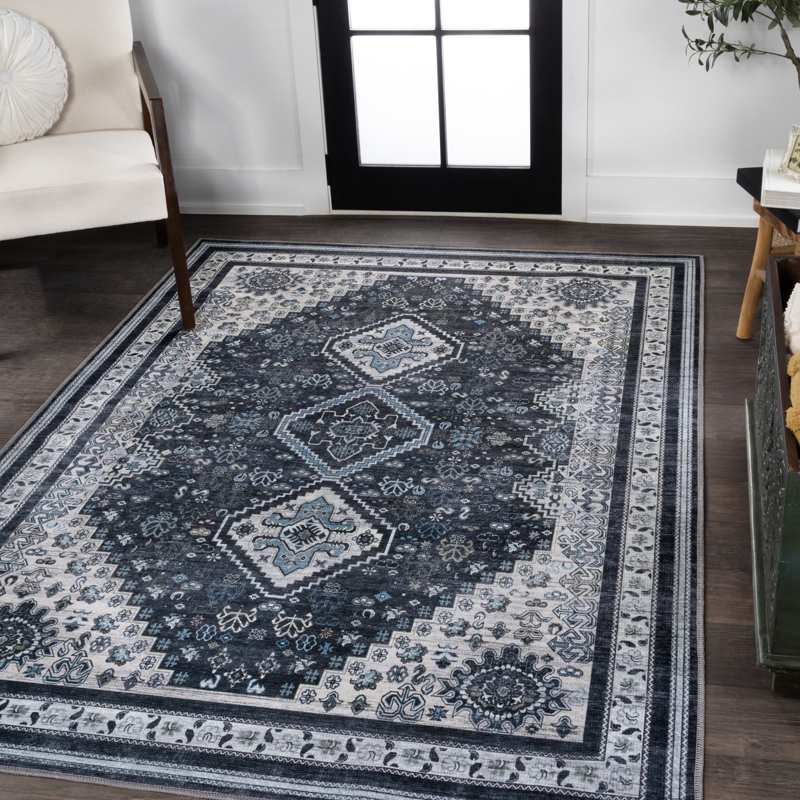 JONATHAN Y Lighting WSH101-3 Washable 3′ x 5′ Chenille Geometric – Navy / Light