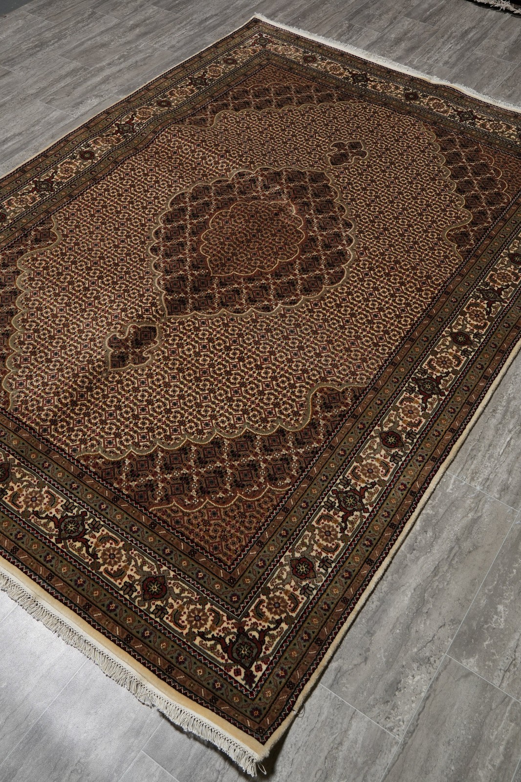 5.8 x 8 Hand-Knotted Wool and Silk Tabriiz Mahii Rug EARTH TONES #F-3062