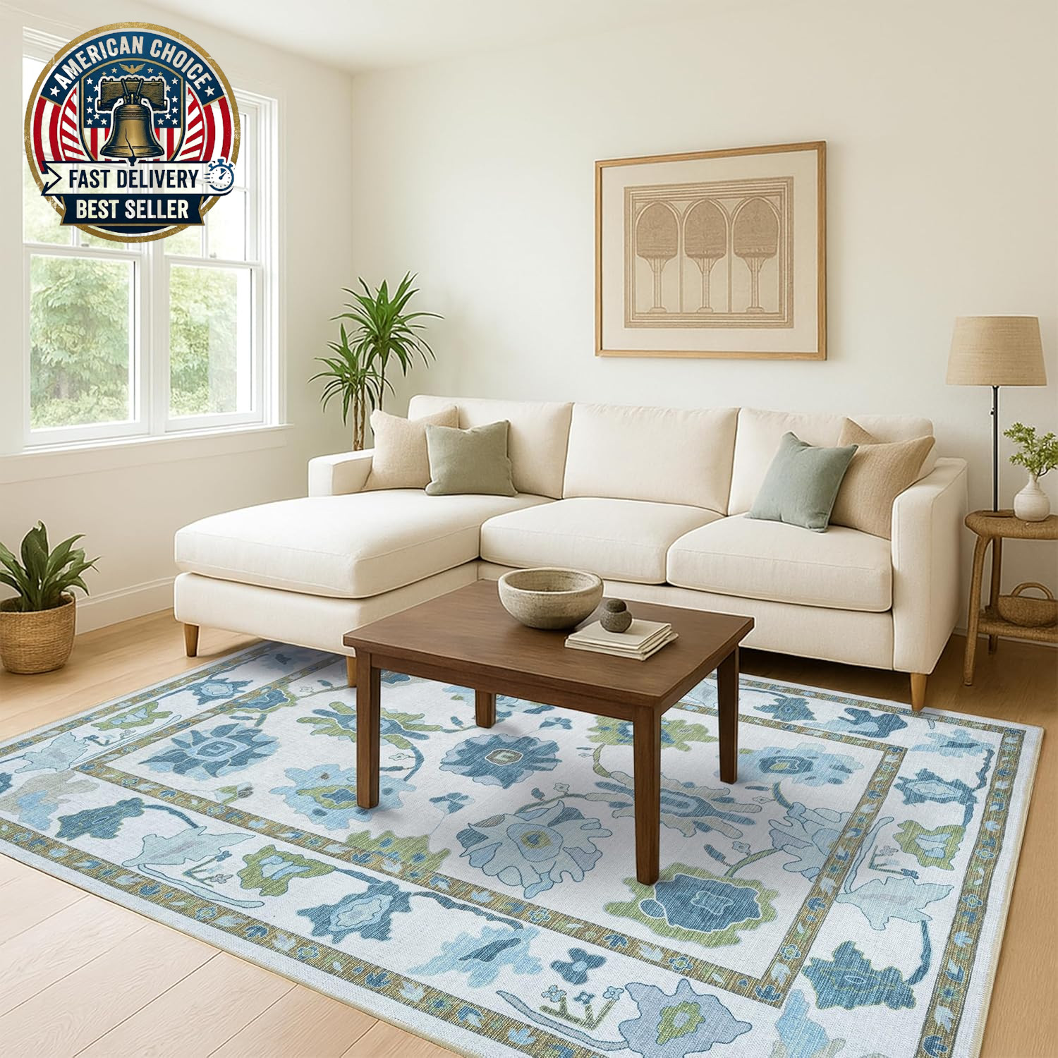 Green Oushak Rug, Modern, Vintage, Turkish, Eclectic, Floral, Pastel, Washable,