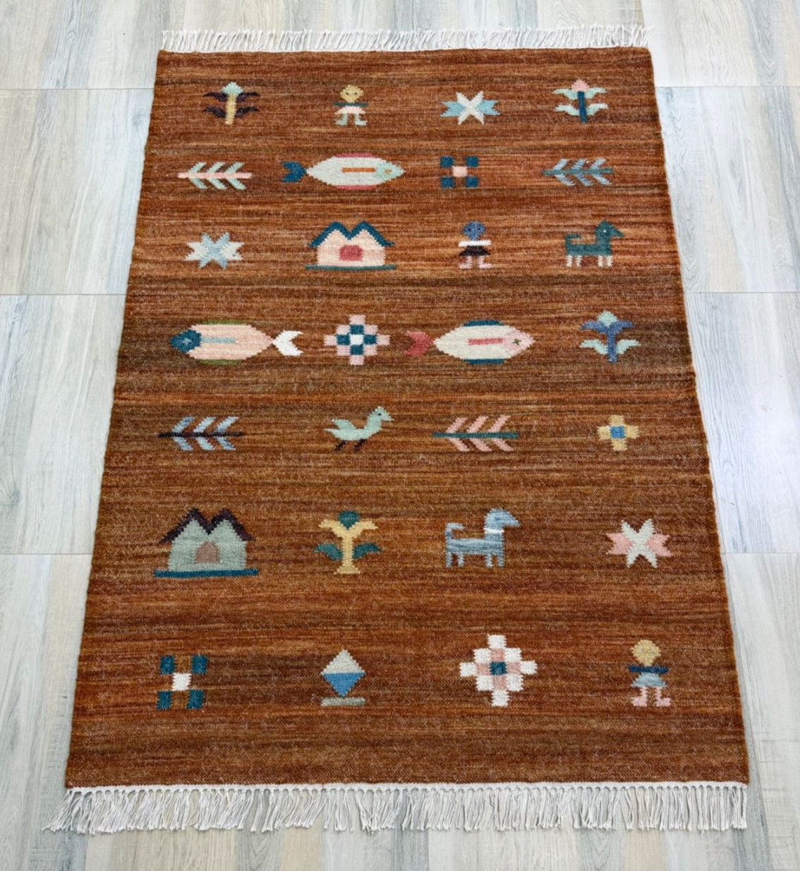 Sienna Hand Woven Wool Rug 4×6 Flatweave Scandinavian Folk Art Kilim for Kids