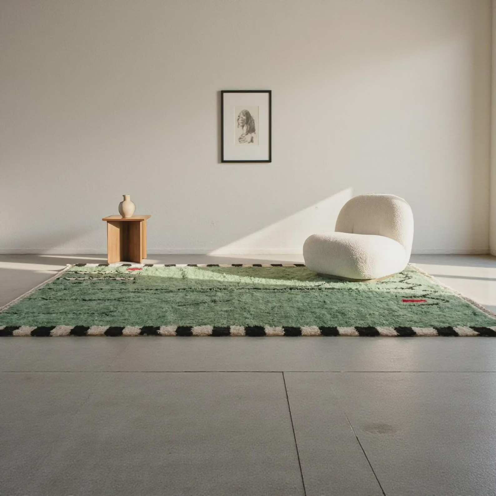 Green Moroccan Rug – Handmade Minimal Berber Wool Rug, Soft Green Beni Ourain St