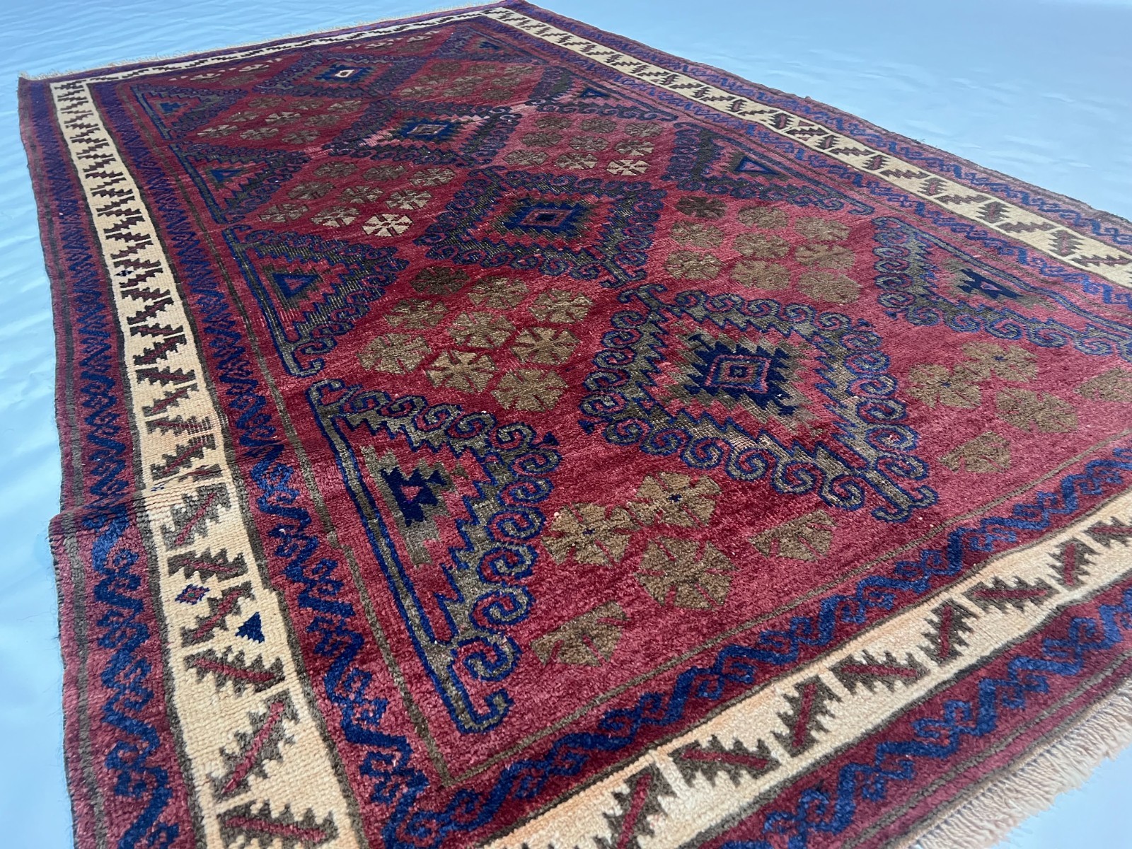 4×6 Vintage Baluchi Wool Rug with Triple Geometric Medallions and Tribal Border