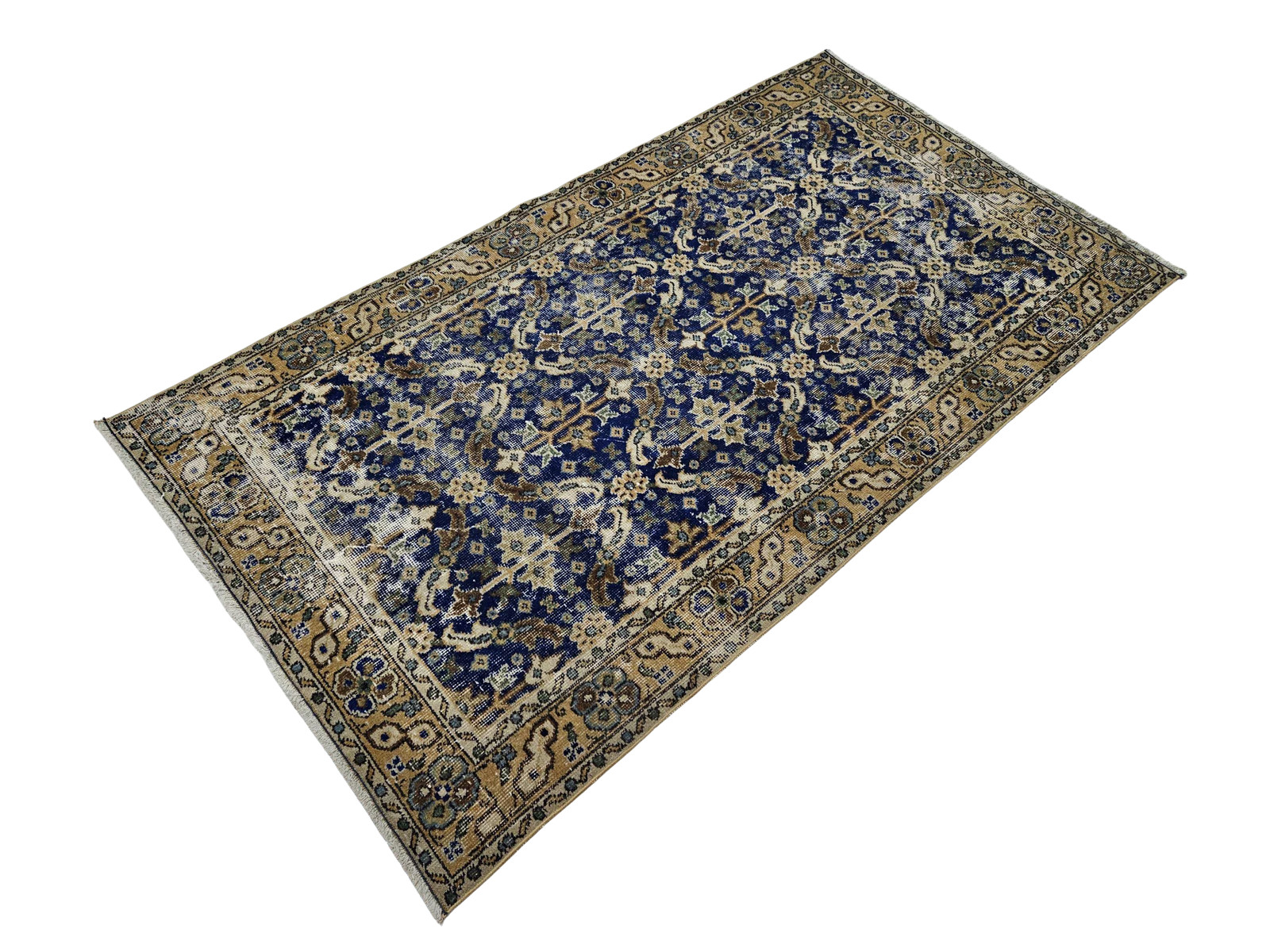 Handwoven Blue Beige Area Rug 3.6 x 6.6 ft Vintage Decor Carpet