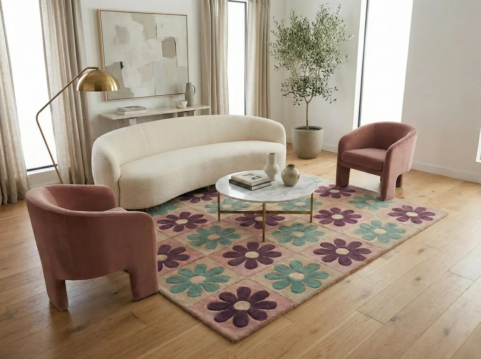 Hand Tufted Wool Floral Area Rug, Retro Pastel Flower Carpet Living Room Carpet