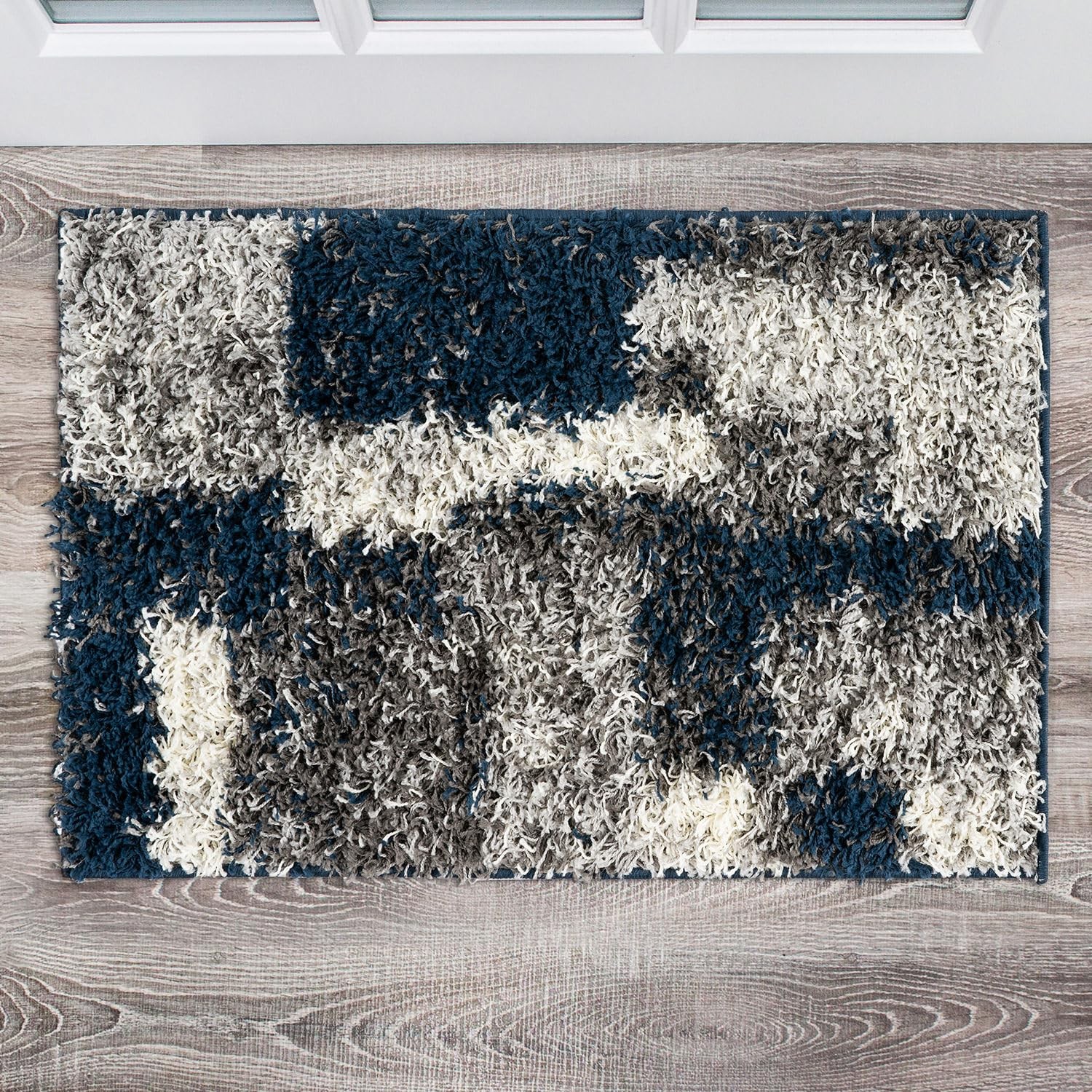 Navy Distressed Modern Boxes Plush Shag Area Rug — Non-Shedding Soft for Entr…
