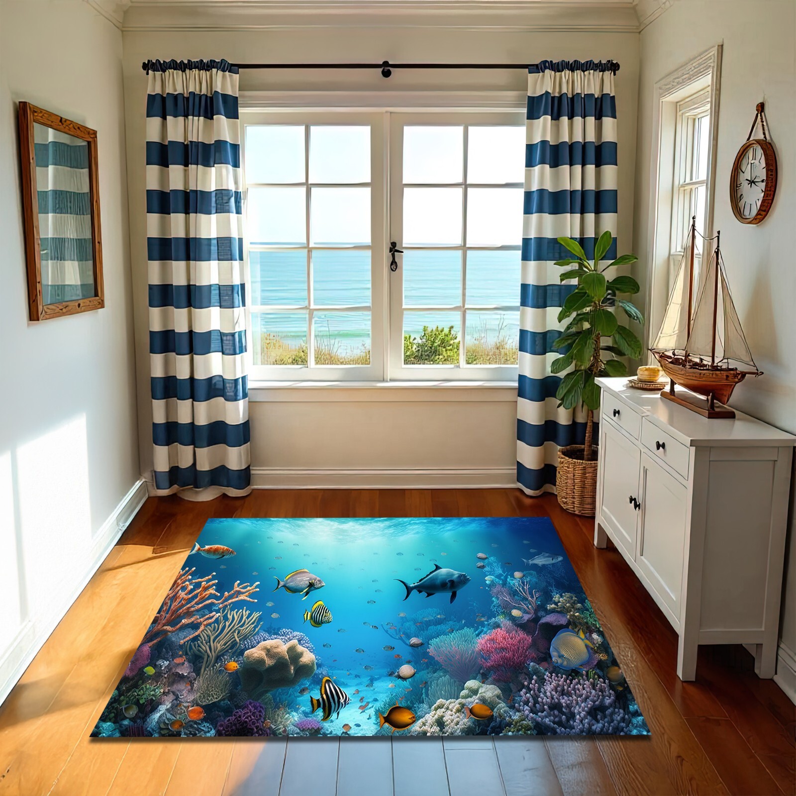 Aquarium Theme Rug with Ocean and Fish Print, Underwater Sea Floor Carpet