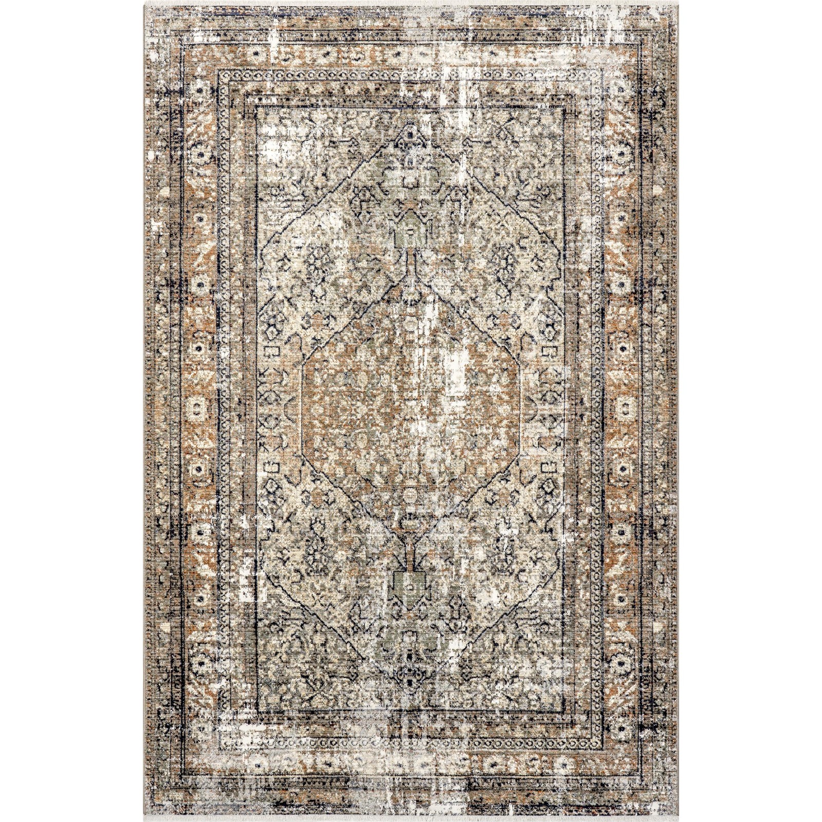 Nuloom Fringed Performance Charvi Beige/Ivory 2 X 4 Distressed Medallion Soft