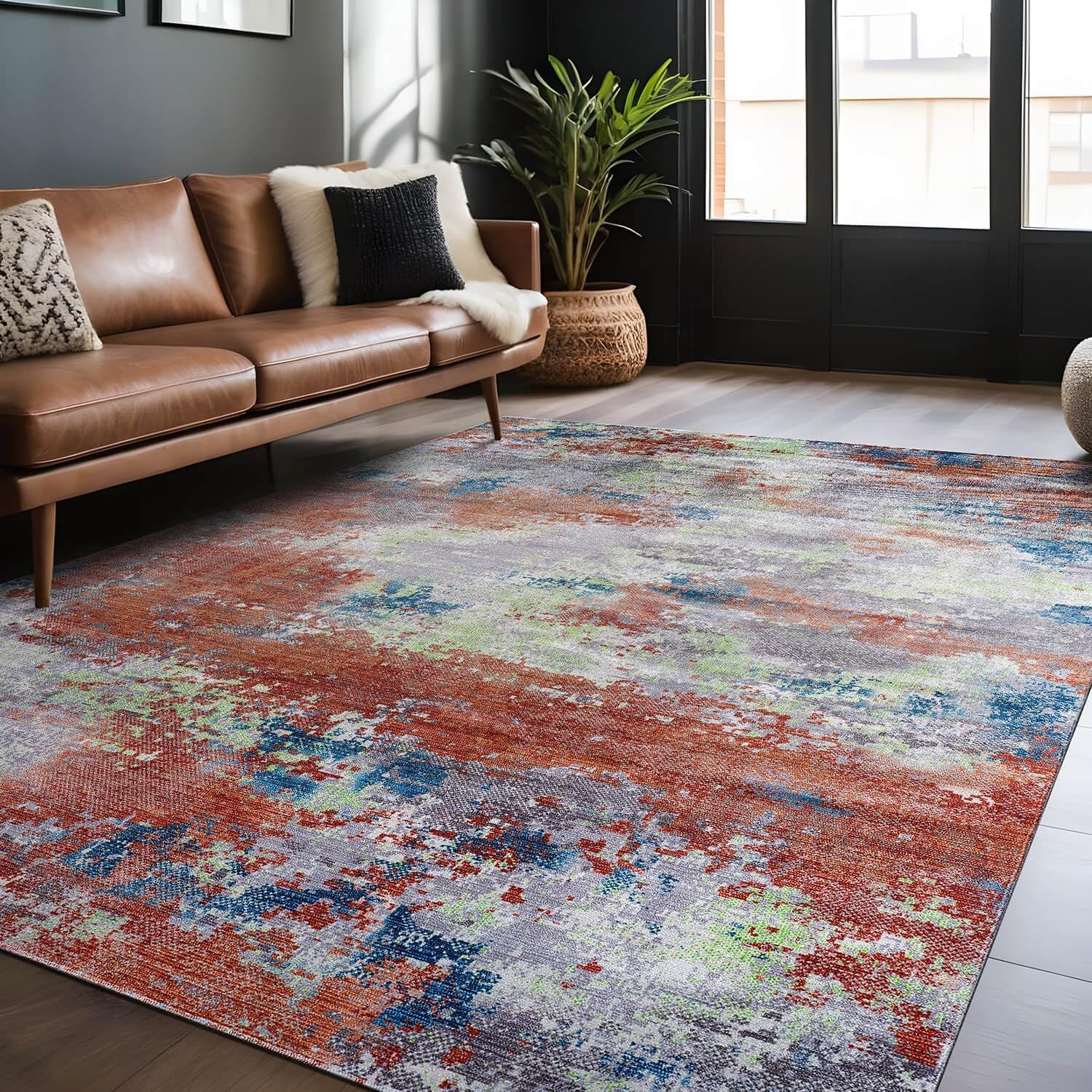 Modern 8×10 Machine Washable Abstract Area Rug – Non-Slip Soft Carpet