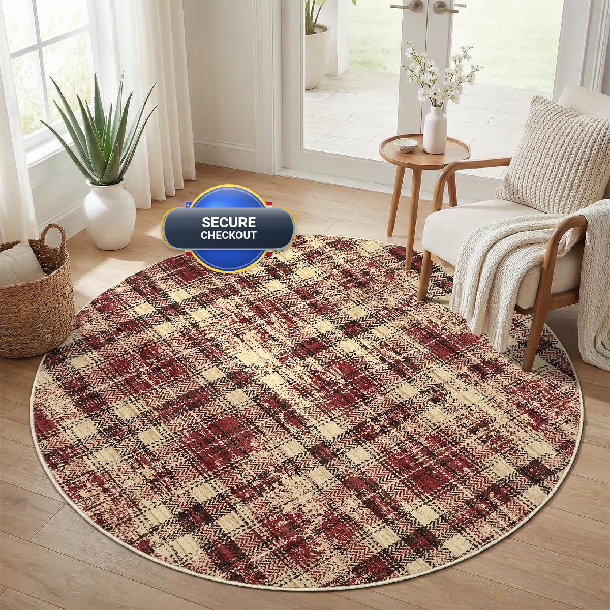 Luxloom Tartan Plaid Round Area Rugs 4Ft Washable Non-Slip Soft Small Round Rug