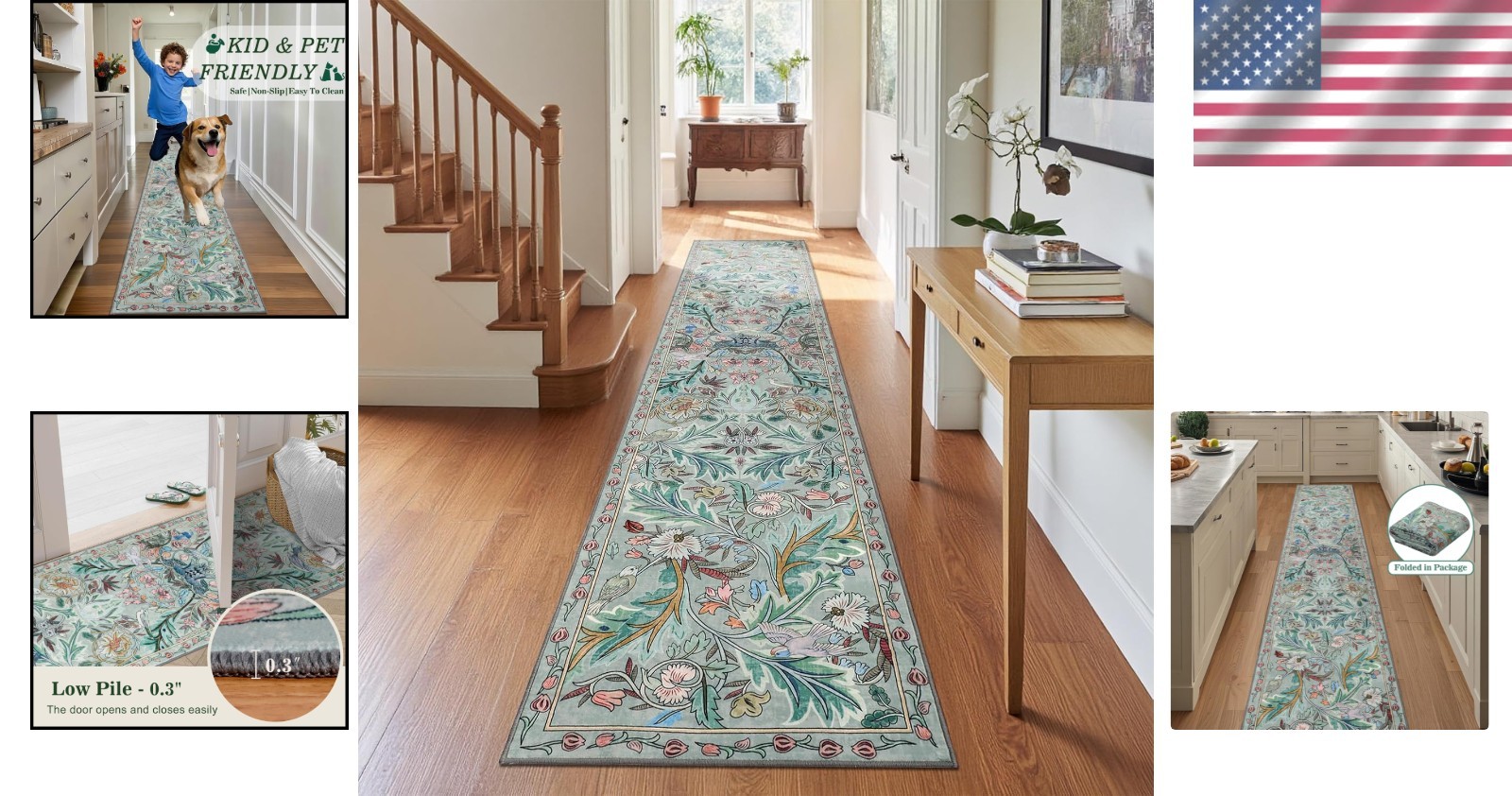 Long 2′ x 10′ Botanical Runner Rug – Stain Resistant, Washable Elegance for Home