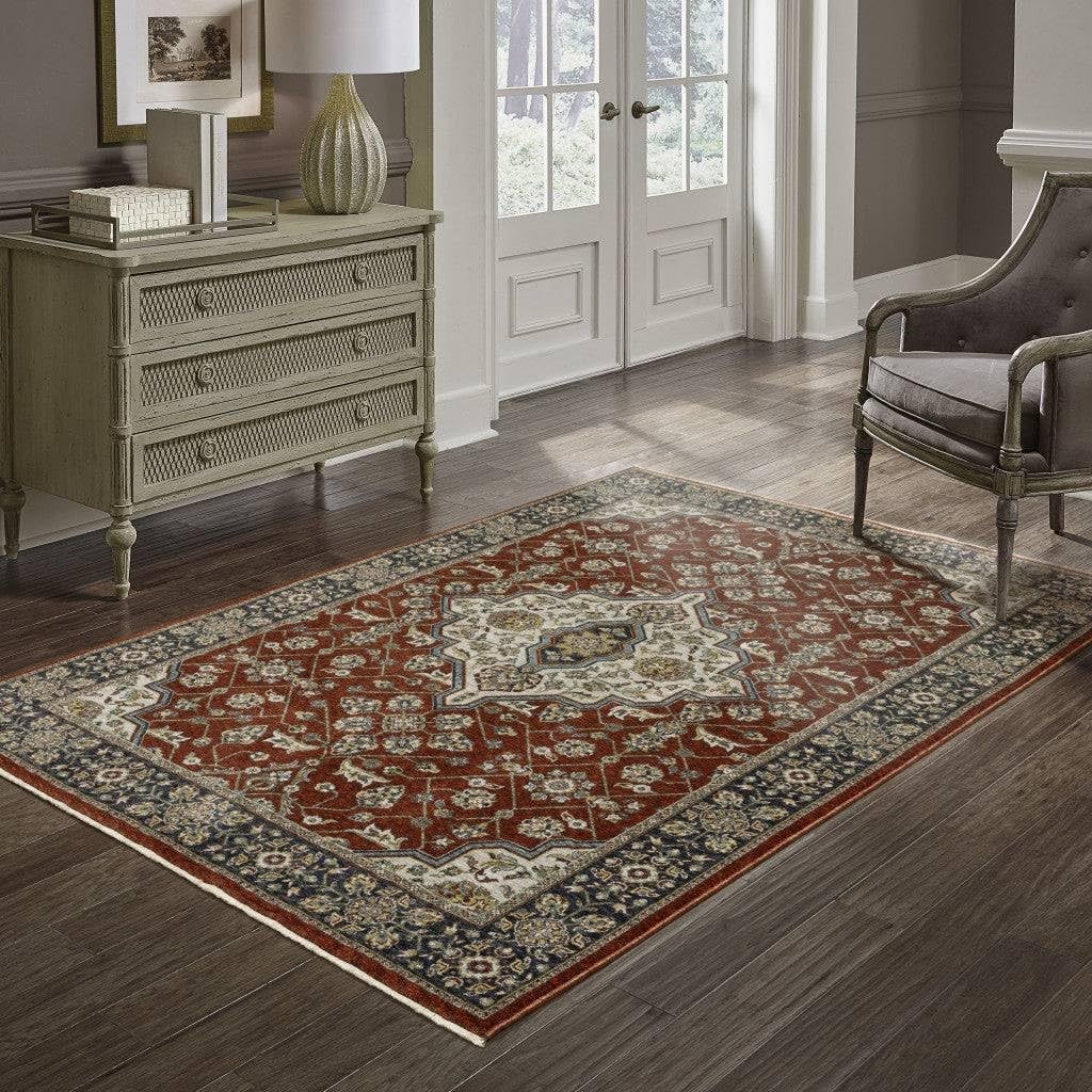 5′ X 8′ Red Ivory Blue Navy Gold And Grey Oriental Power Loom Stain Resistant