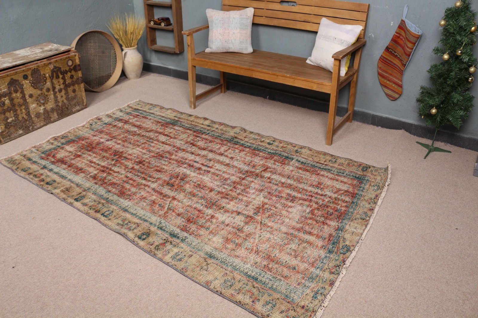 Turkish Vintage Rug 4,3×7,4 ft (132×225 cm), Red Wool Rug