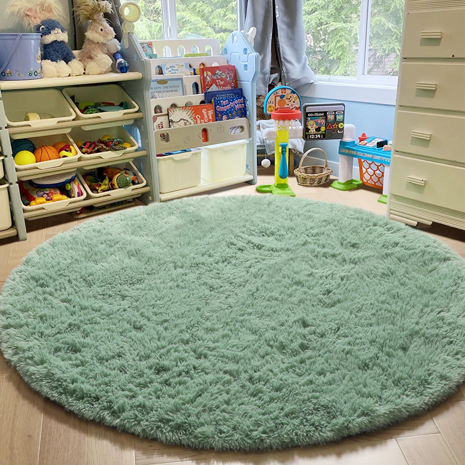 Amdrebio Sage Green Round Rug 5Ft Bedroom, Fluffy Furry Circle Nursery Kids Room