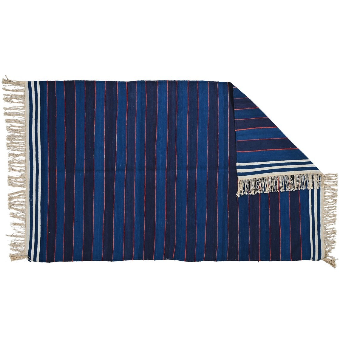 Blue Punjabi Dhurrie Rug 3.6×6.3 Ft Handmade Cotton Kilim Reversible Runner