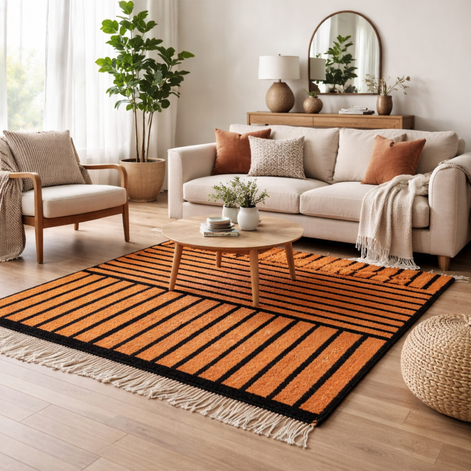 Handwoven Moroccan Berber Rug Orange Black Striped Wool Area Rug Modern Decor