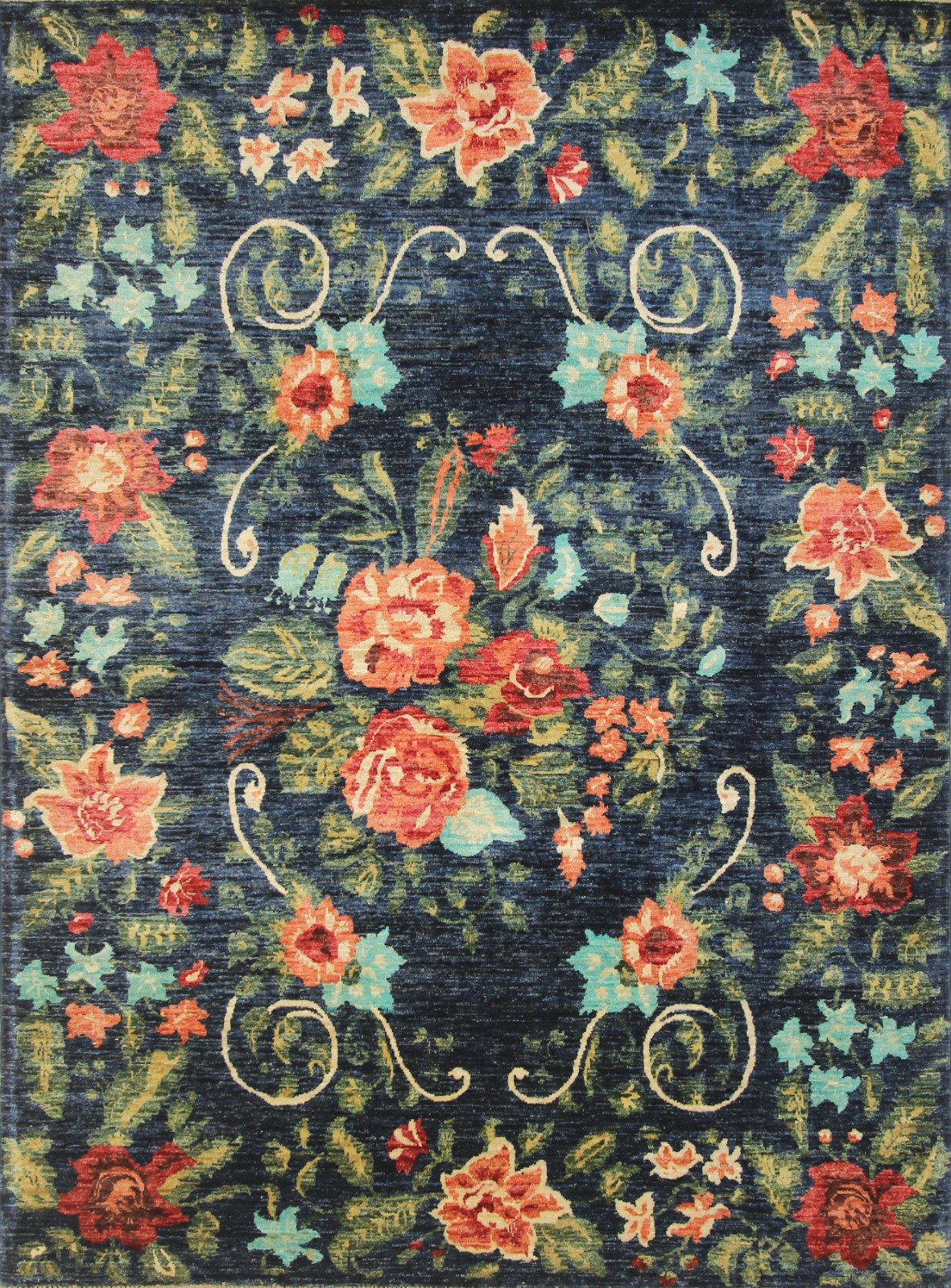 6×8 ft Navy Blue Floral Afghan Hand Knotted Wool Area Rug