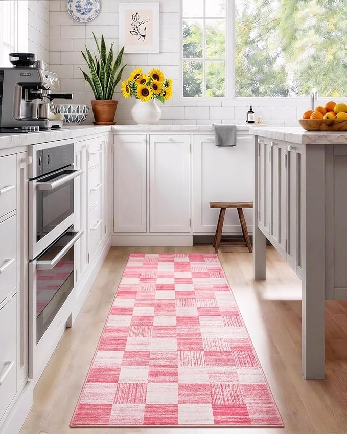 Terrug Pink and White Checkered Area Rug for Kitchen,2×6 Runner Rugs Washable…
