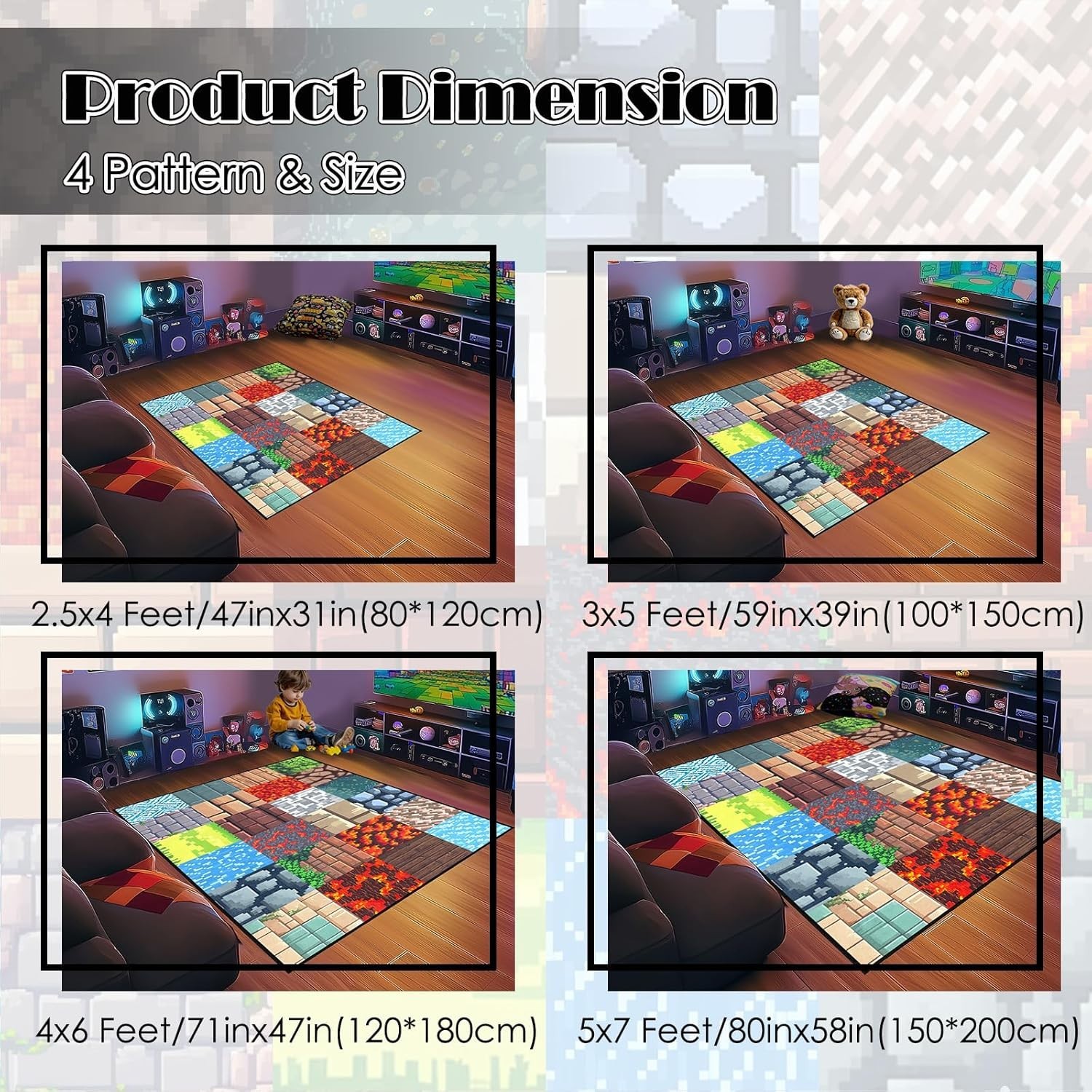 Game Room Rug – Video Game Decor for Boys Bedroom 2’5”x4′ Block Theme Carpet…