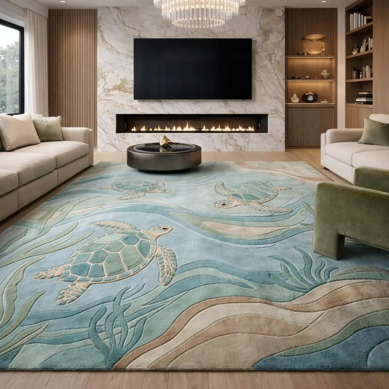 Coastal Sea Turtle Area Rug Hand Tufted Wool 3D Sculpted Ocean Wave Carpet.