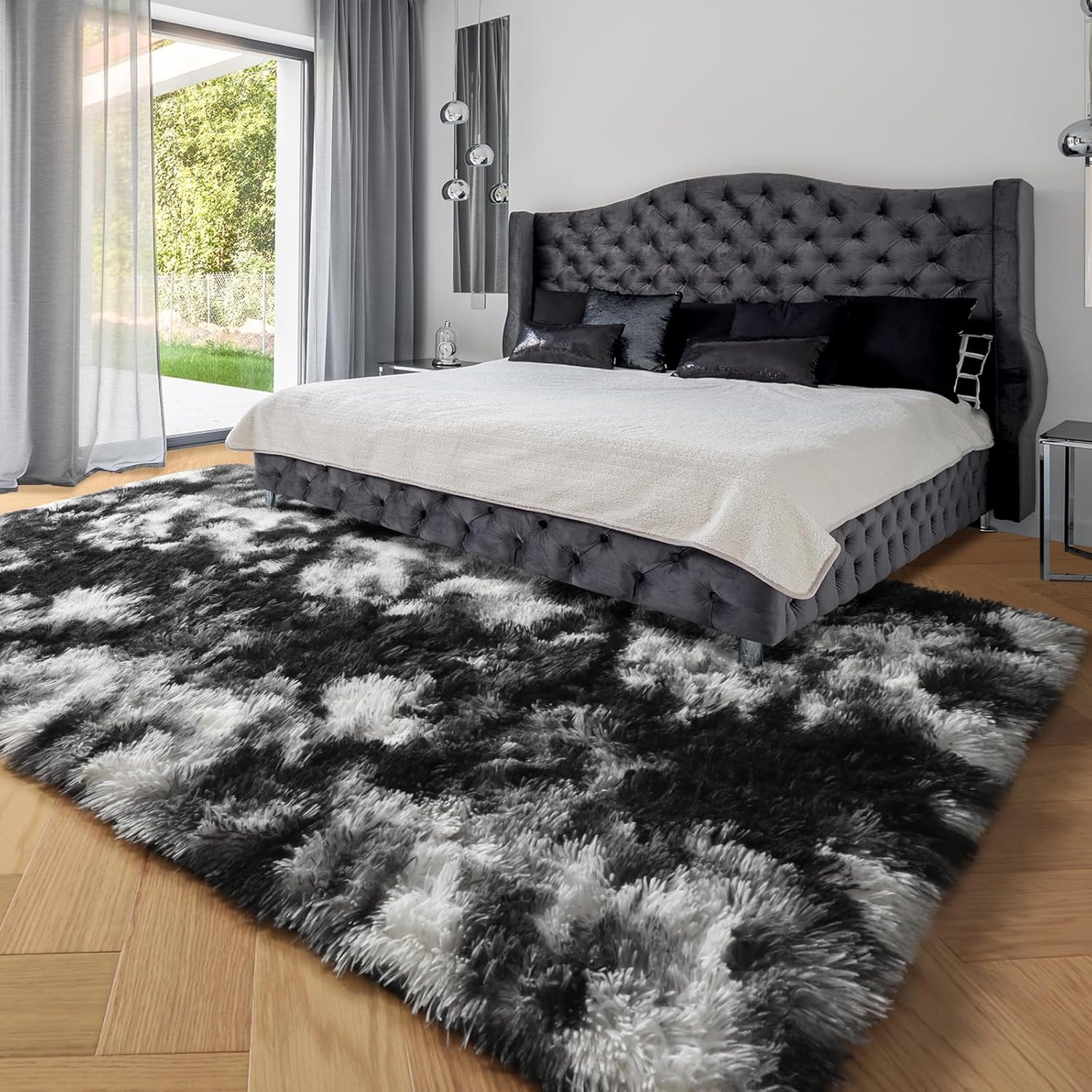 Large 9×12 Fluffy Black White Grey Area Rug for Living Room & Kids Room
