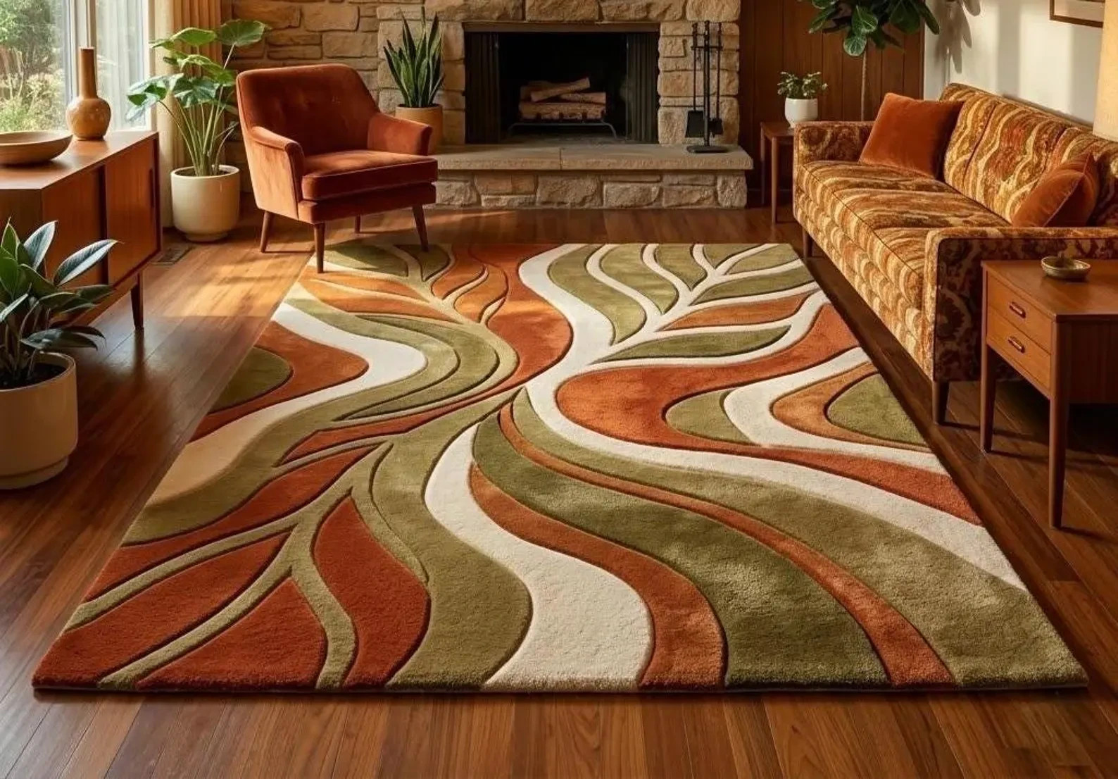 Mid Century Modern Area Rug, Terracotta Rust Olive Green Wavy Carpet Tufted wool
