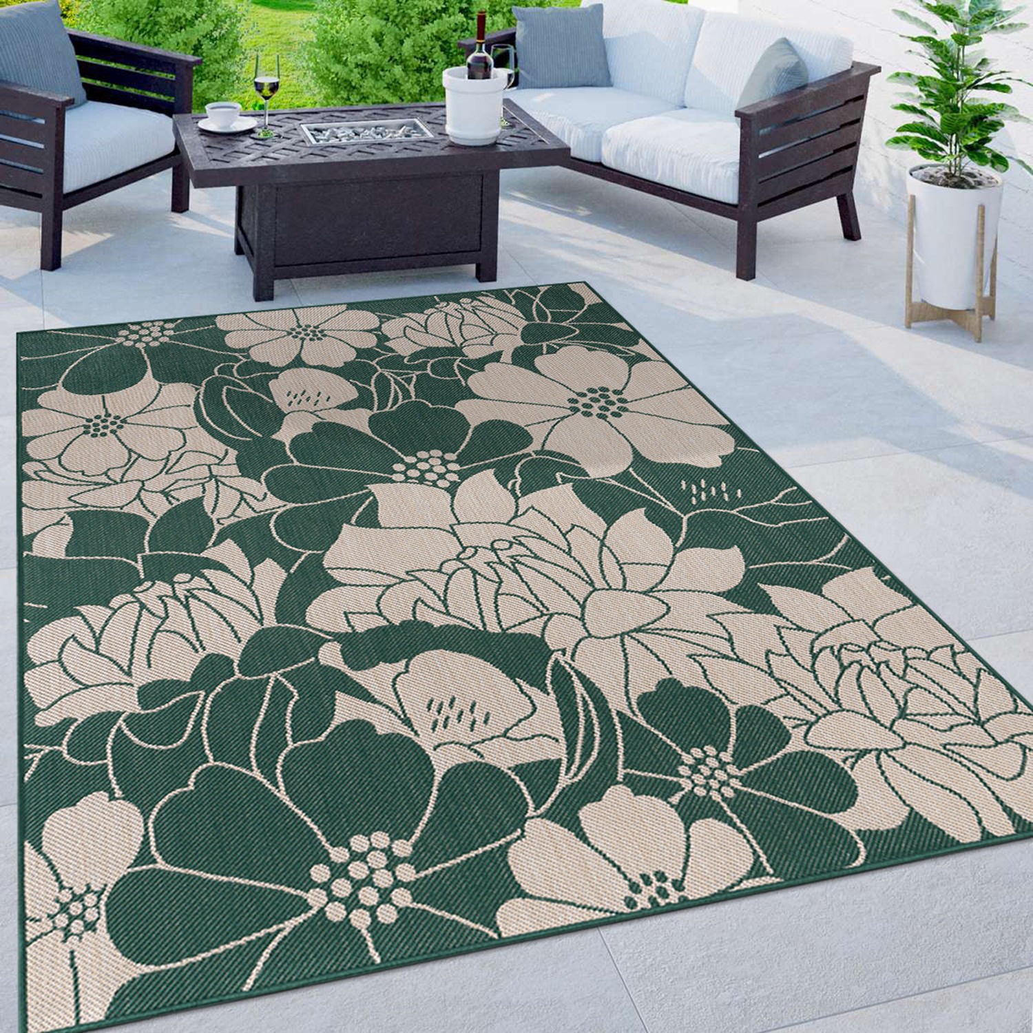 Rugshop Outdoor Rug Modern Floral Flowers Textured Indoor Outdoor Rug Green 8×10
