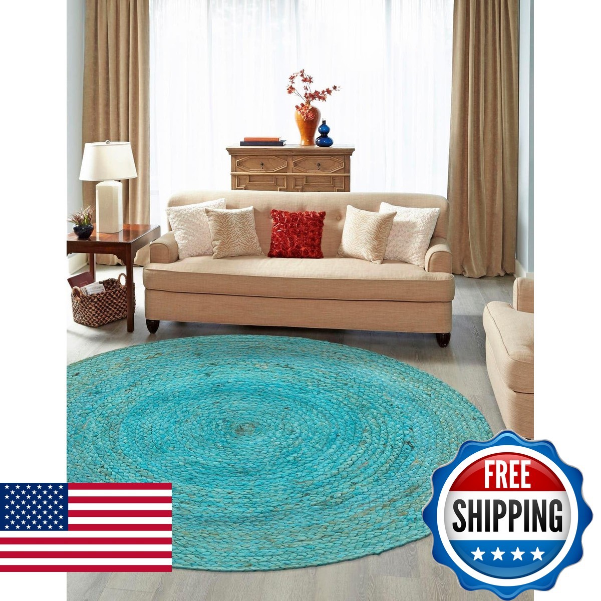 Unique Loom Braided Jute Collection Area Rug – 3 3 Round Turquoise 3161119