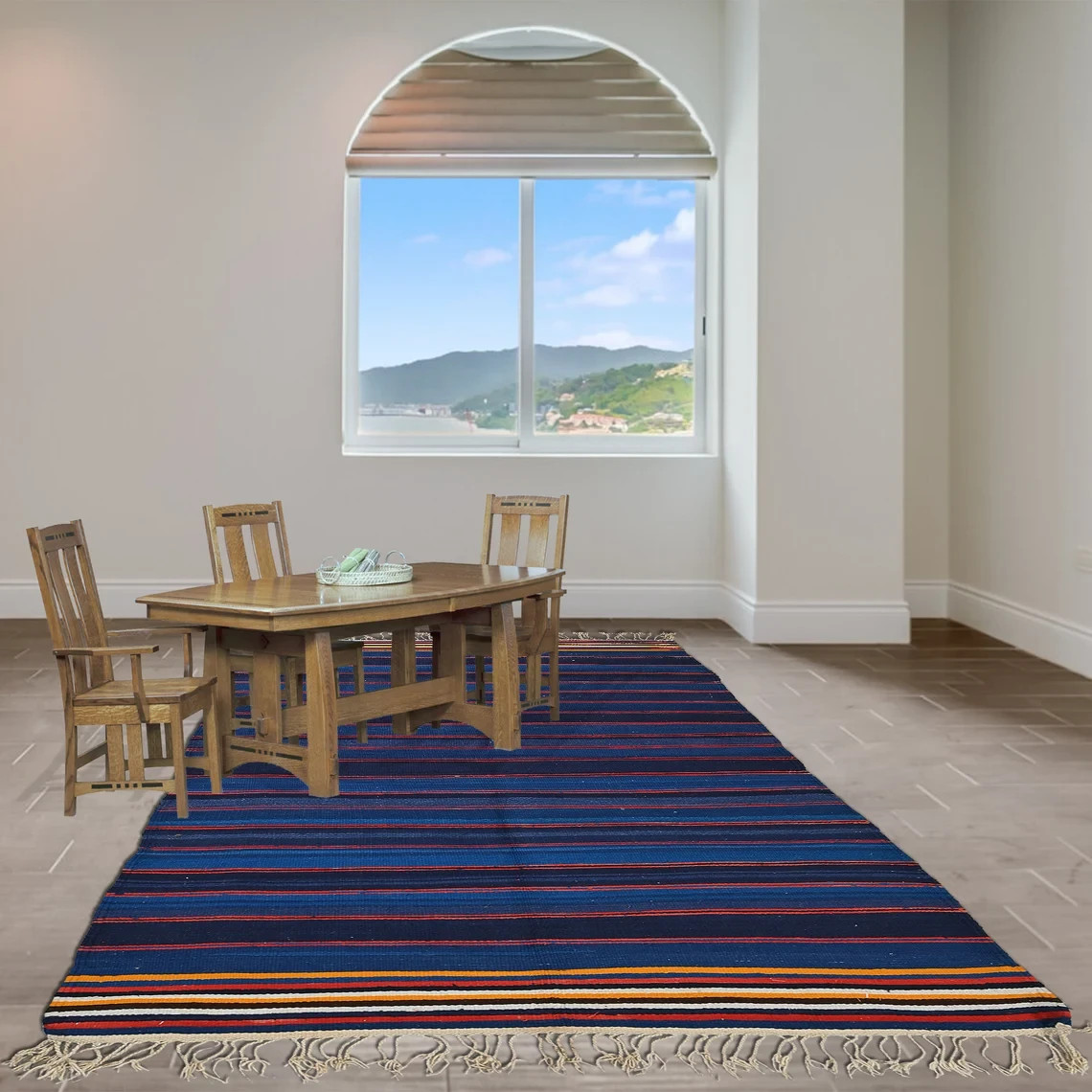 Punjabi Dhurrie Rug 3×6 Navy Blue Striped Cotton Kilim Reversible Boho Area Rug