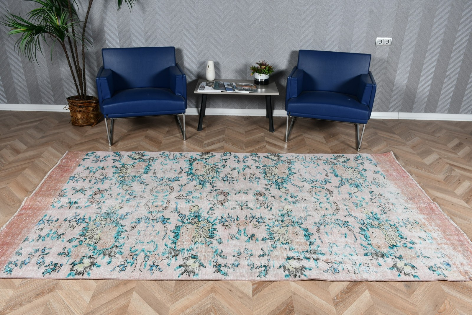 Vintage Rug, Large 4,9×9,1 ft Turkish Rug, Blue Pink Animal Print Wool Rug