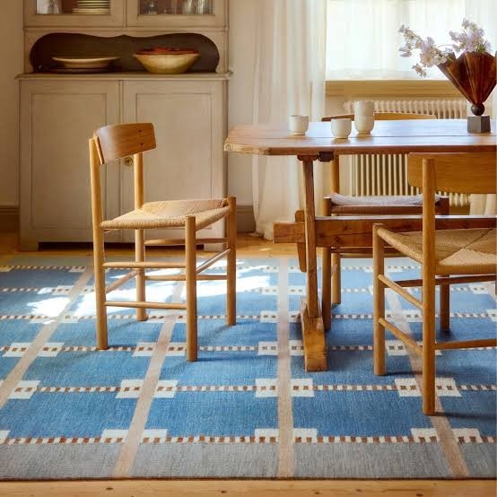 Blue Scandinavian Swedish Kilim Tile Handmade Flat weave Boho Large Area Rug