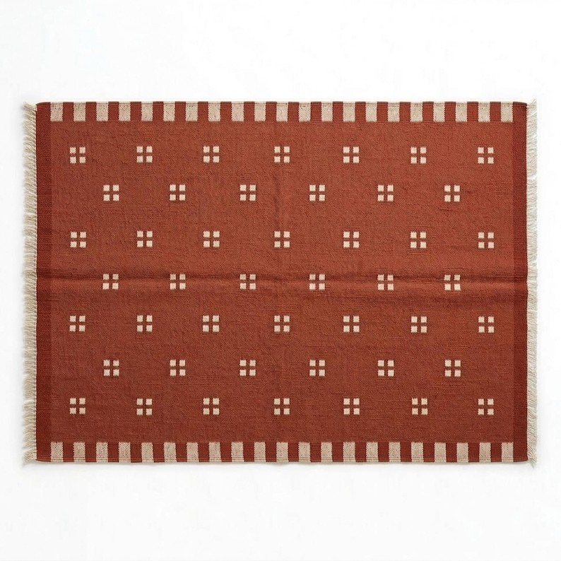 Scandinavian Red Swedish Kilim Tile Rug Handmade Flat weave Boho Large Area Rug