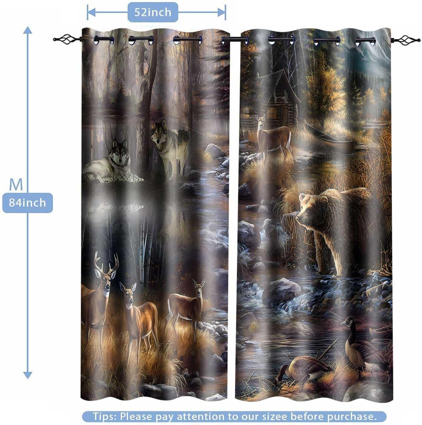 Wildlife Blackout Curtains – Rustic Lodge Bear, Wolf, Elk & Duck 2 Panel 52×84