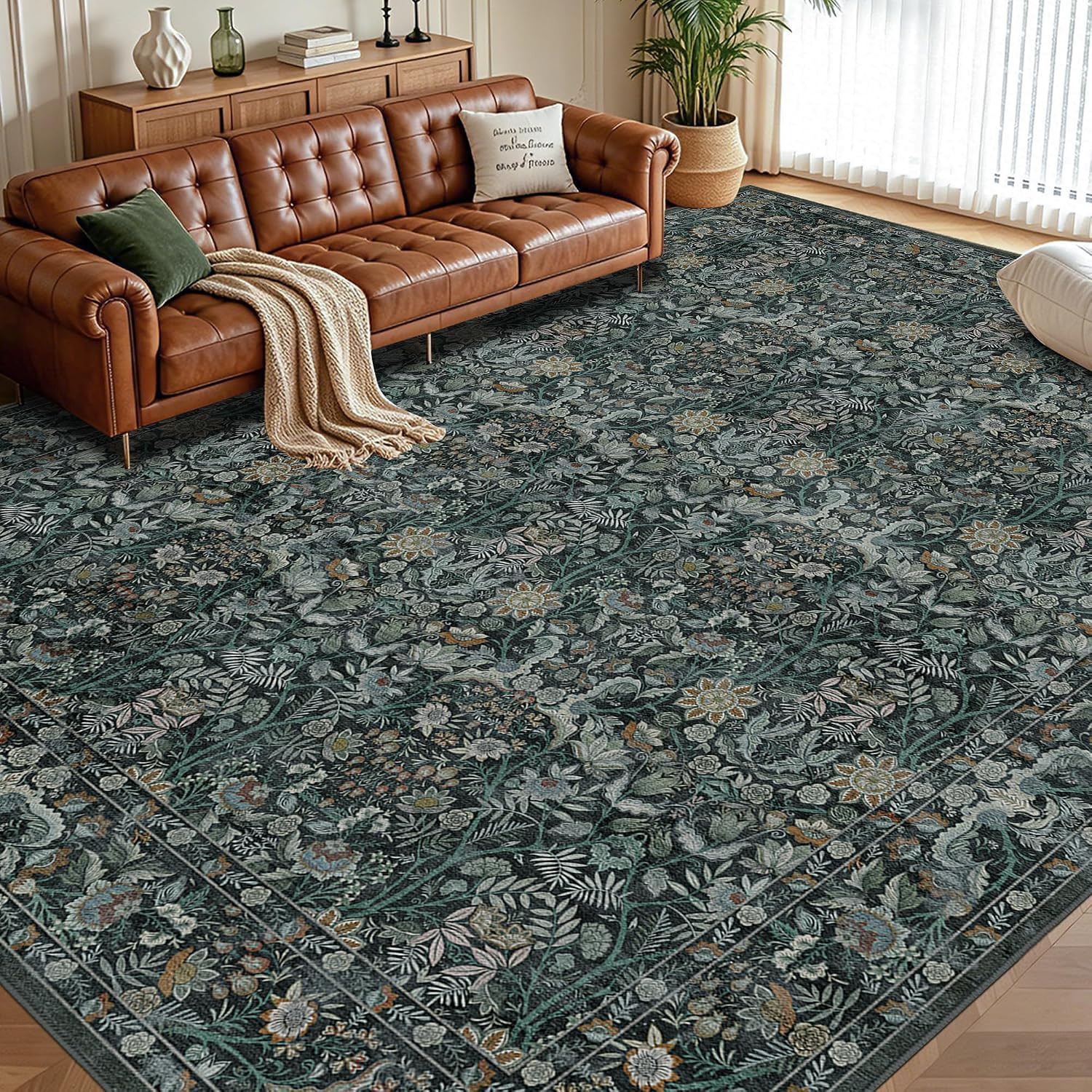 Vintage Botanical Area Rug 9X12: Floral Carpet Non-Slip – Dark Green | Classic D